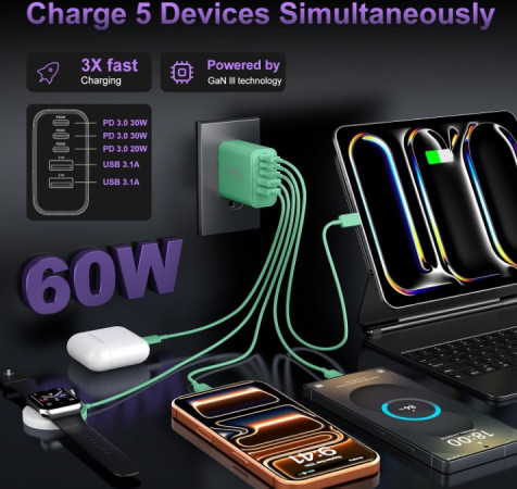 USB C Charger Block Fast Charging, 60W Phone Charger USBC Wall Plug Adapter 2Pack 5-Port Type C