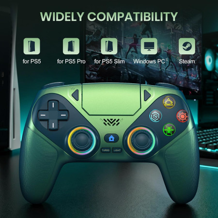 Gamrombo LED Wireless Controller for PS5, Compatible with PS5 Pro/Slim/PC, Dual Vibration, Macro/Turbo Function, 3.5mm Audio Jack, 6-Axis Motion Control Gamepad with Speaker - Chromatic Teal